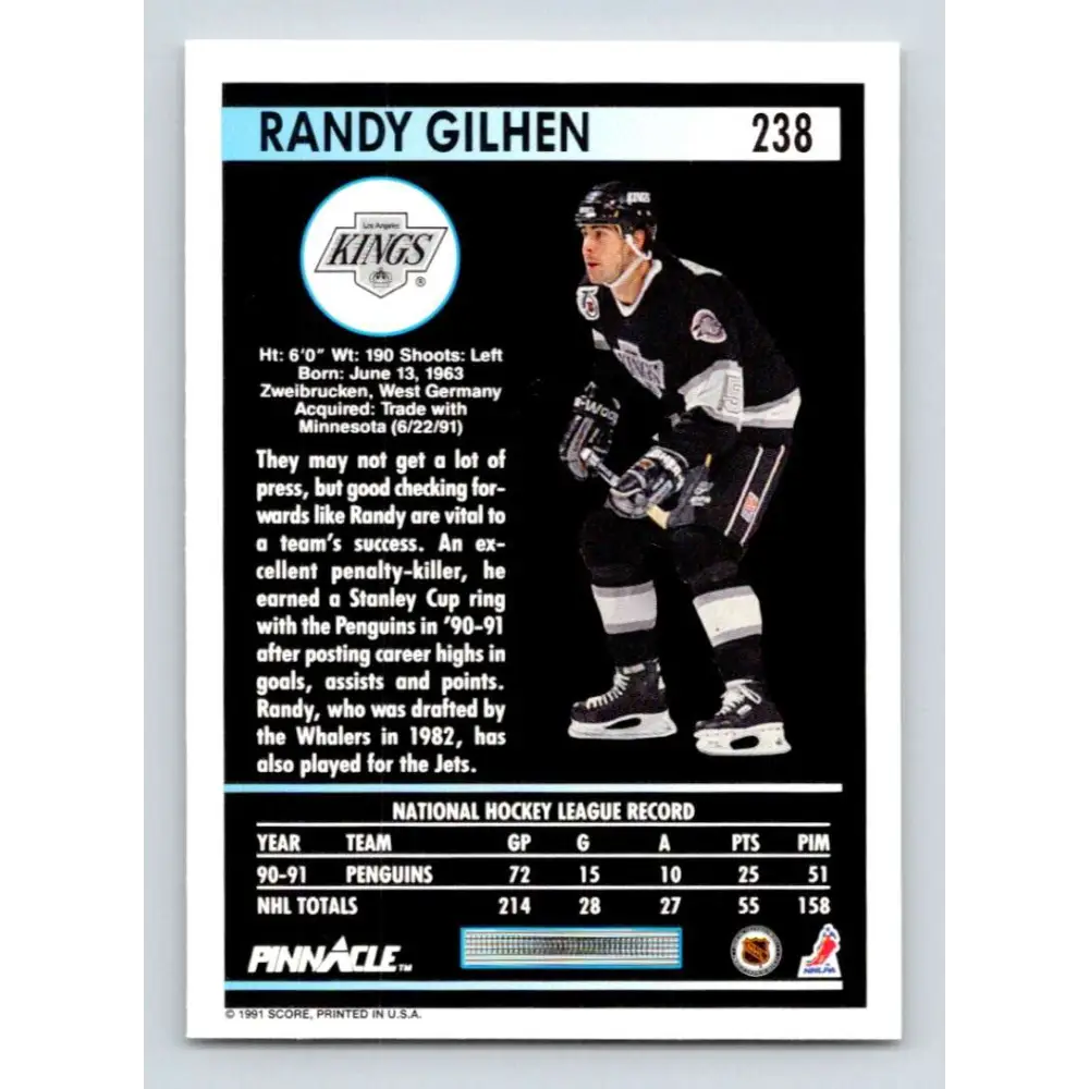 1991-92 Pinnacle #238 Randy Gilhen NM-MT Los Angeles Kings Hockey Card Image 2