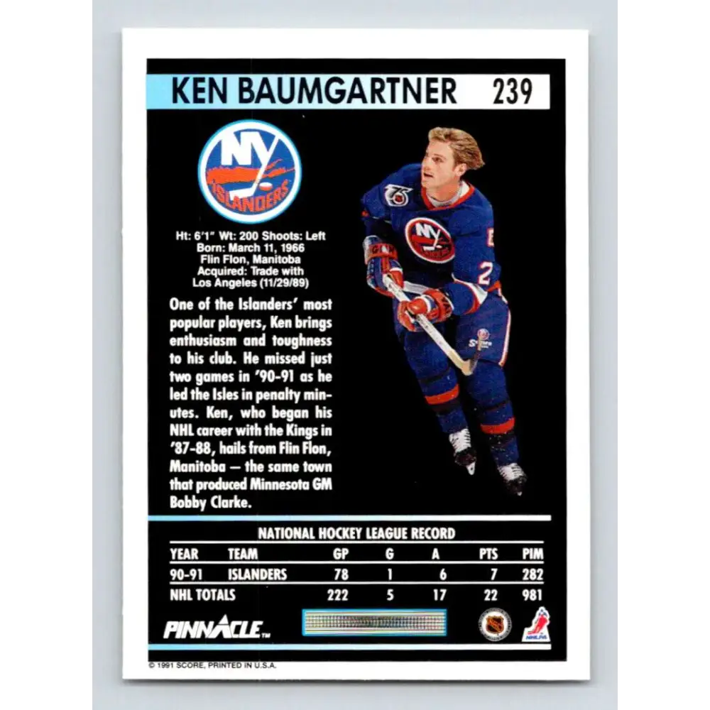 1991-92 Pinnacle #239 Ken Baumgartner NM-MT New York Islanders Hockey Card Image 2