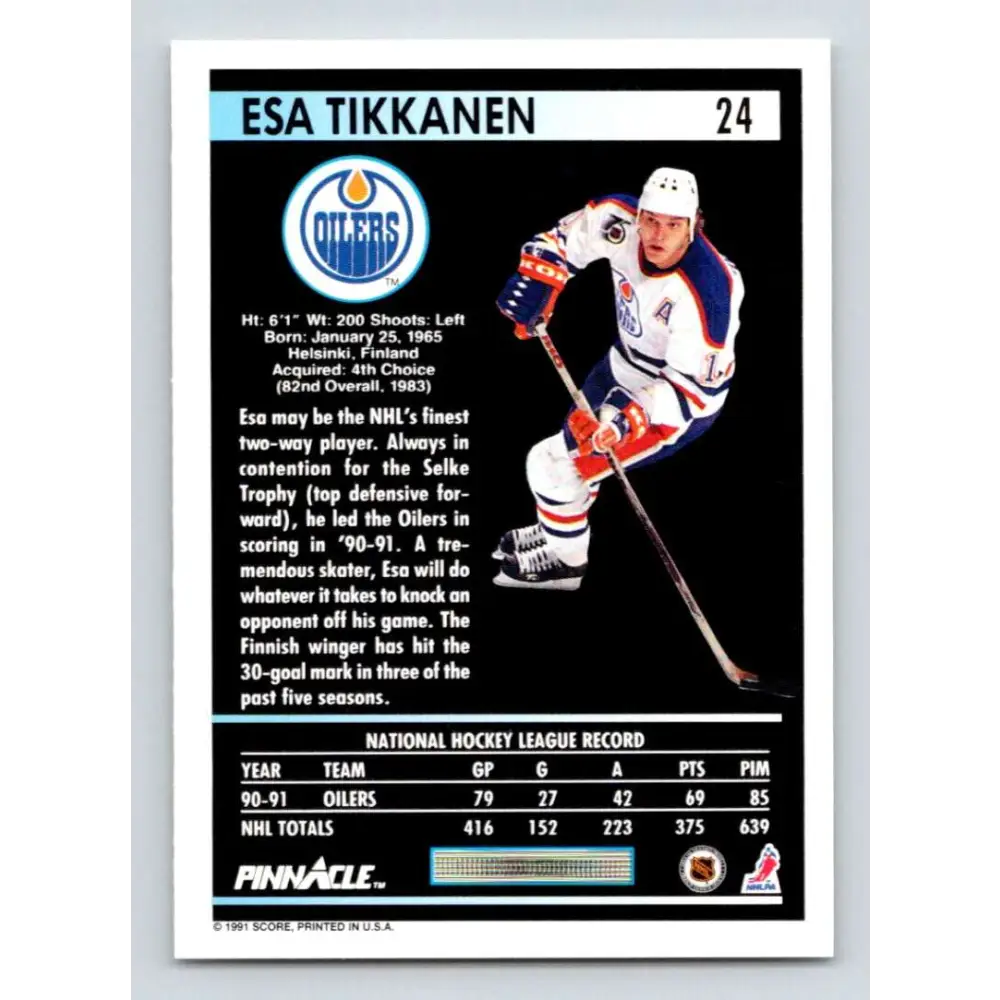 1991-92 Pinnacle #24 Esa Tikkanen NM-MT Edmonton Oilers Hockey Card Image 2