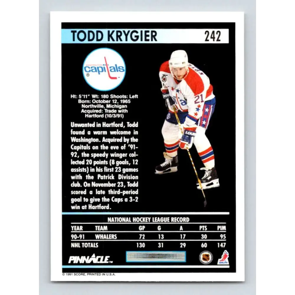 1991-92 Pinnacle #242 Todd Krygier NM-MT Washington Capitals Hockey Card Image 2