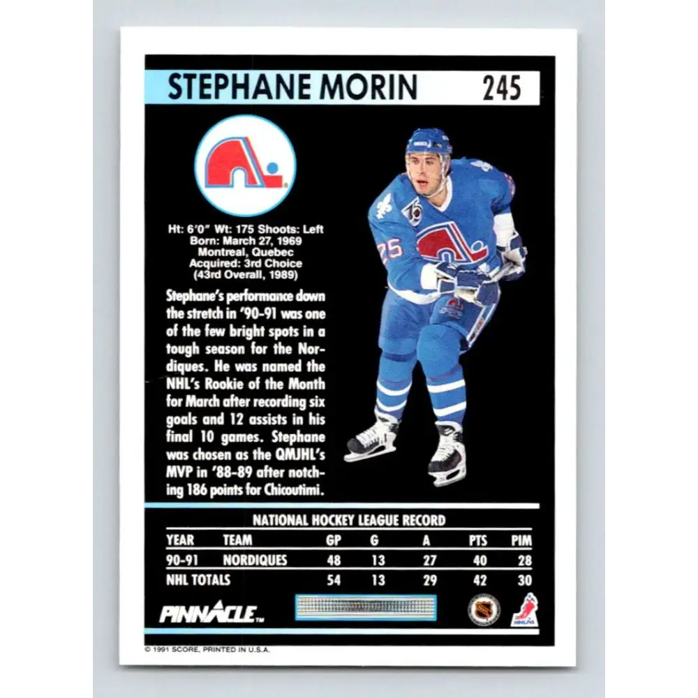 1991-92 Pinnacle #245 Stephane Morin NM-MT Quebec Nordiques Hockey Card Image 2