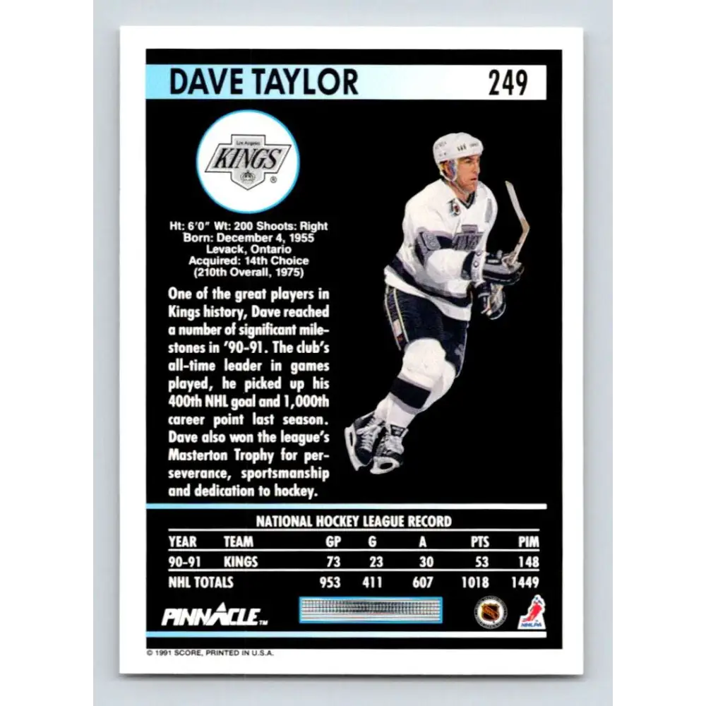 1991-92 Pinnacle #249 Dave Taylor NM-MT Los Angeles Kings Hockey Card Image 2