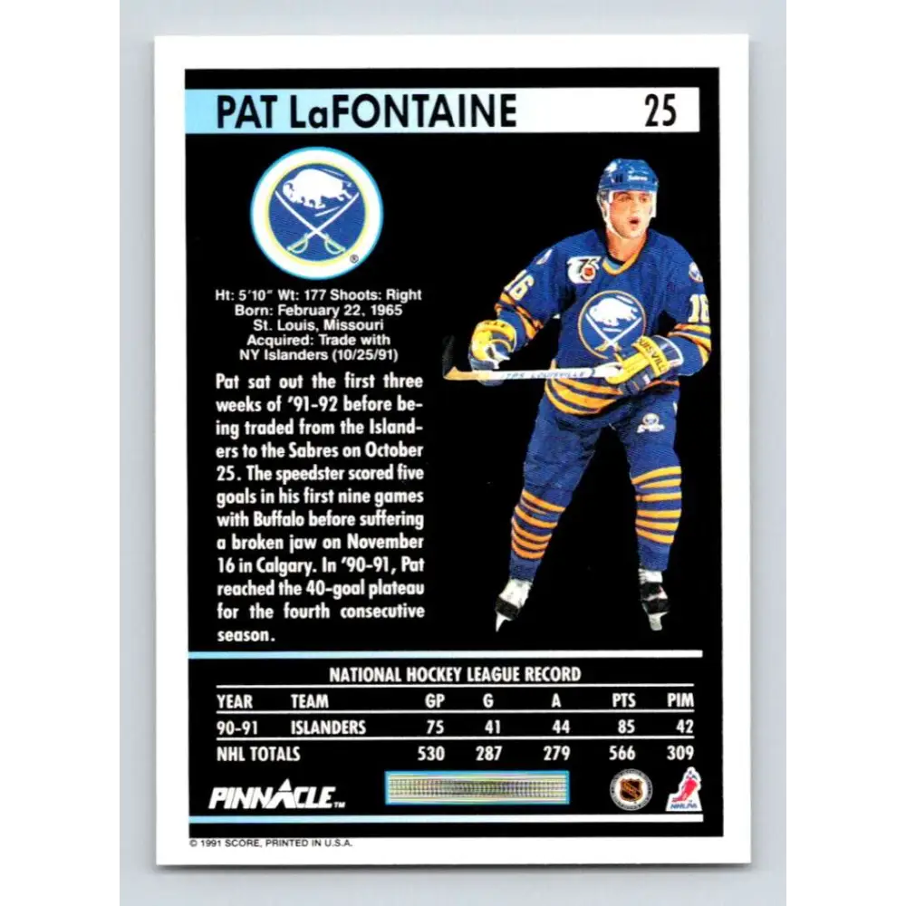 1991-92 Pinnacle #25 Pat LaFontaine NM-MT Buffalo Sabres Hockey Card Image 2