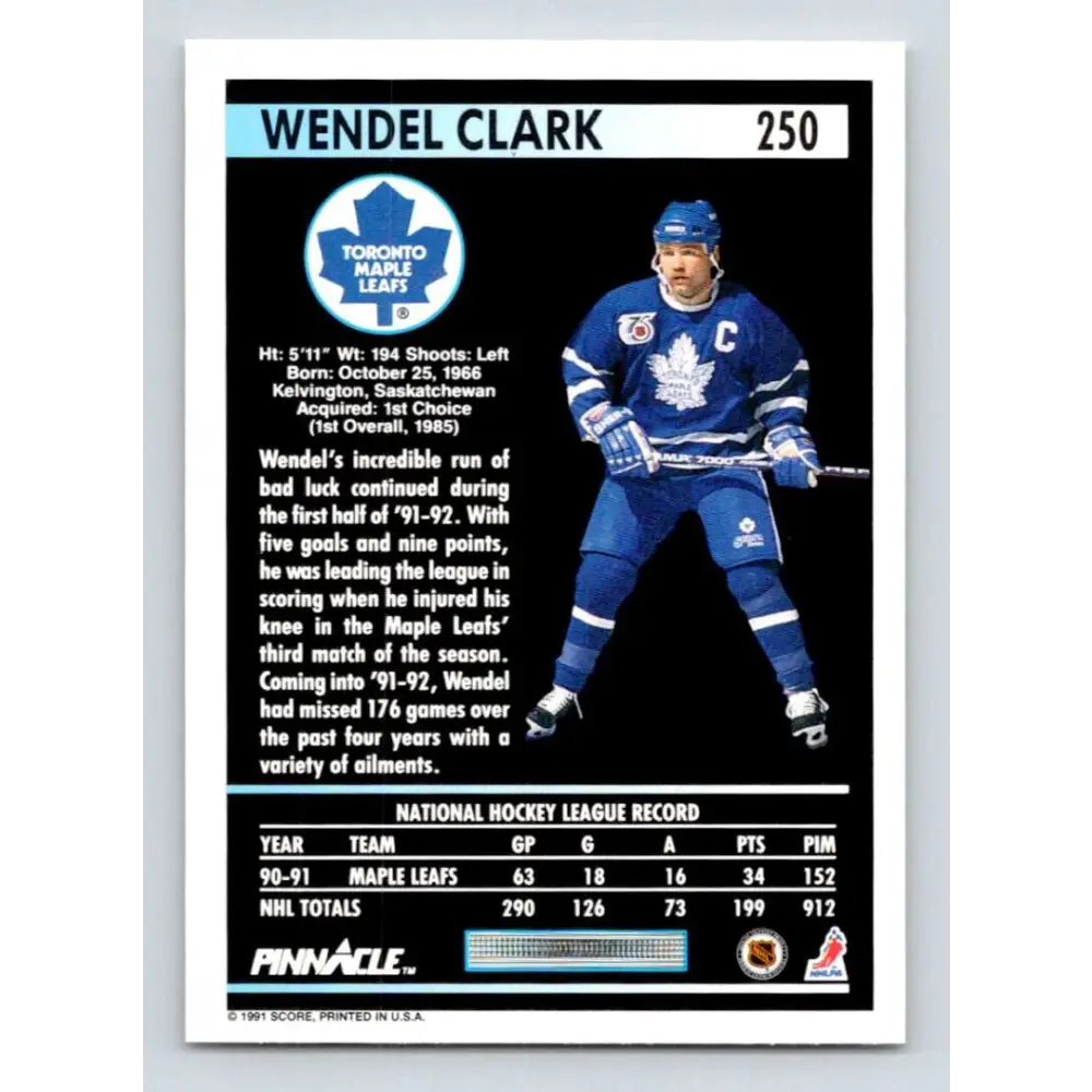 1991-92 Pinnacle #250 Wendel Clark NM-MT Toronto Maple Leafs Hockey Card Image 2