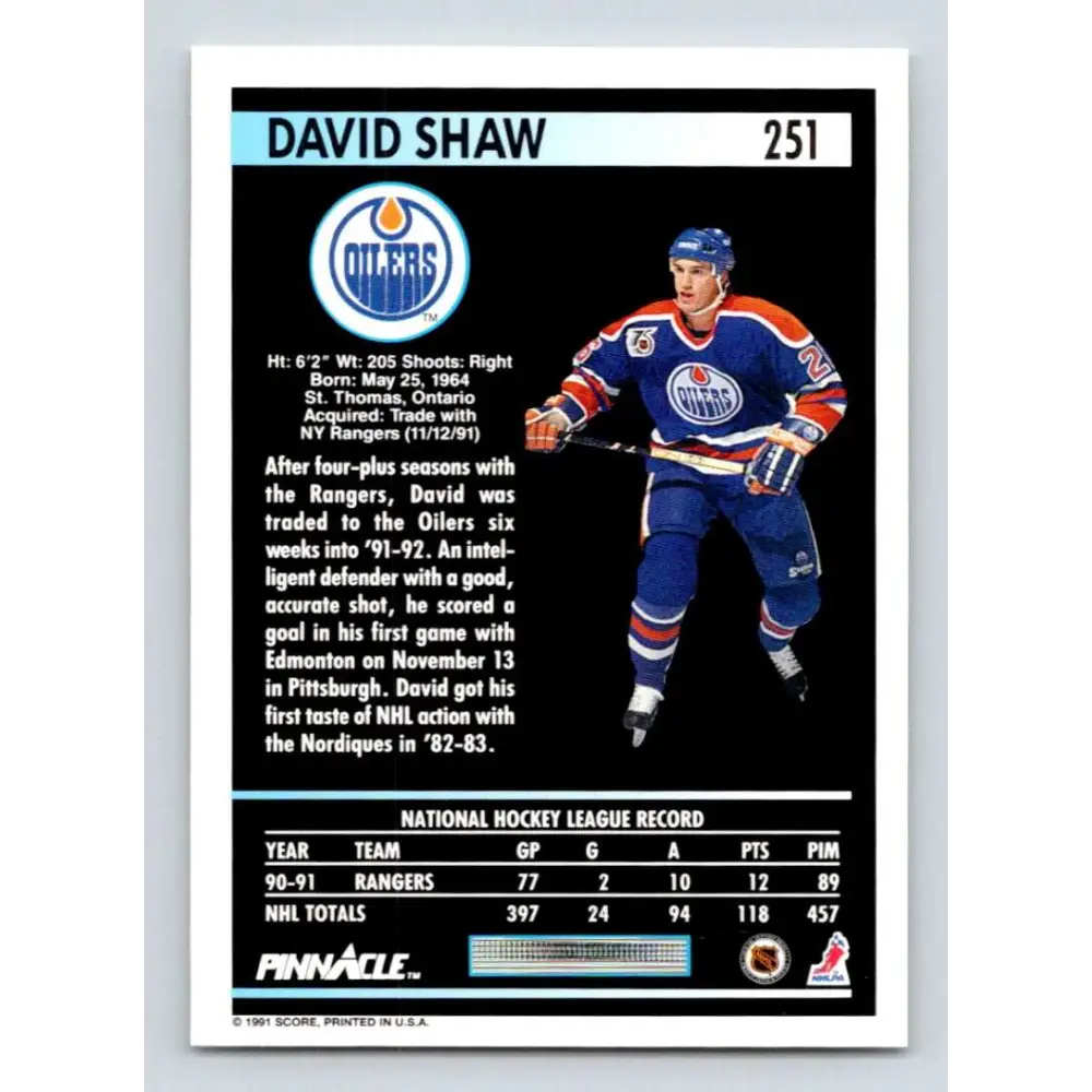 1991-92 Pinnacle #251 David Shaw NM-MT Edmonton Oilers Hockey Card Image 2