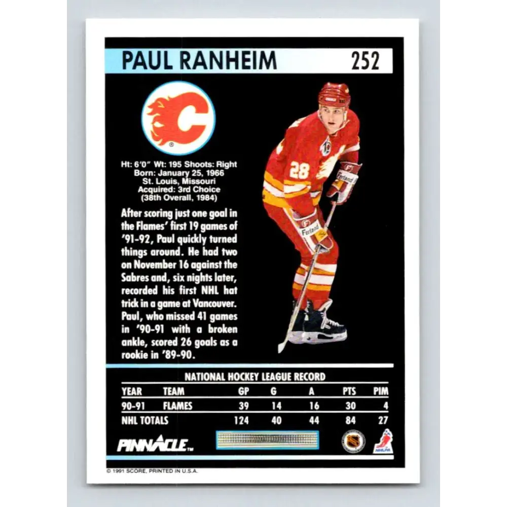 1991-92 Pinnacle #252 Paul Ranheim NM-MT Calgary Flames Hockey Card Image 2