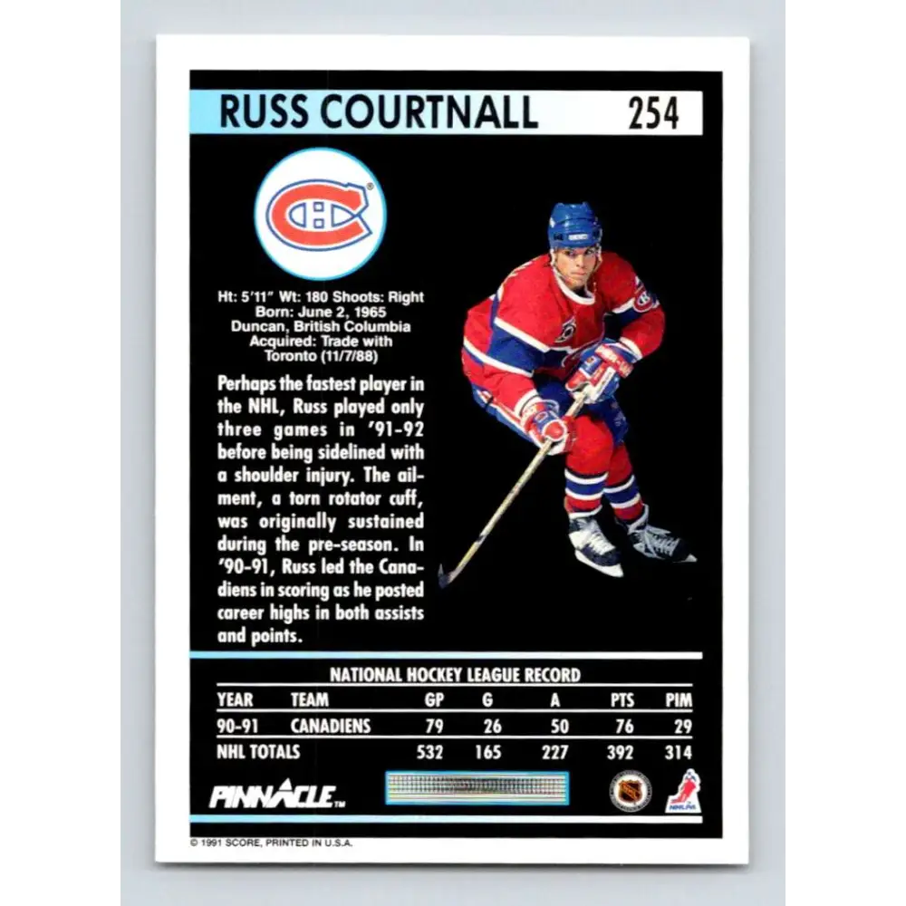 1991-92 Pinnacle #254 Russ Courtnall NM-MT Montreal Canadiens Hockey Card Image 2