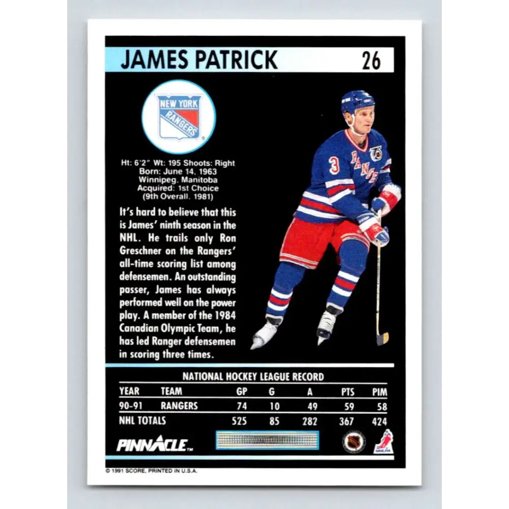 1991-92 Pinnacle #26 James Patrick NM-MT New York Rangers Hockey Card Image 2