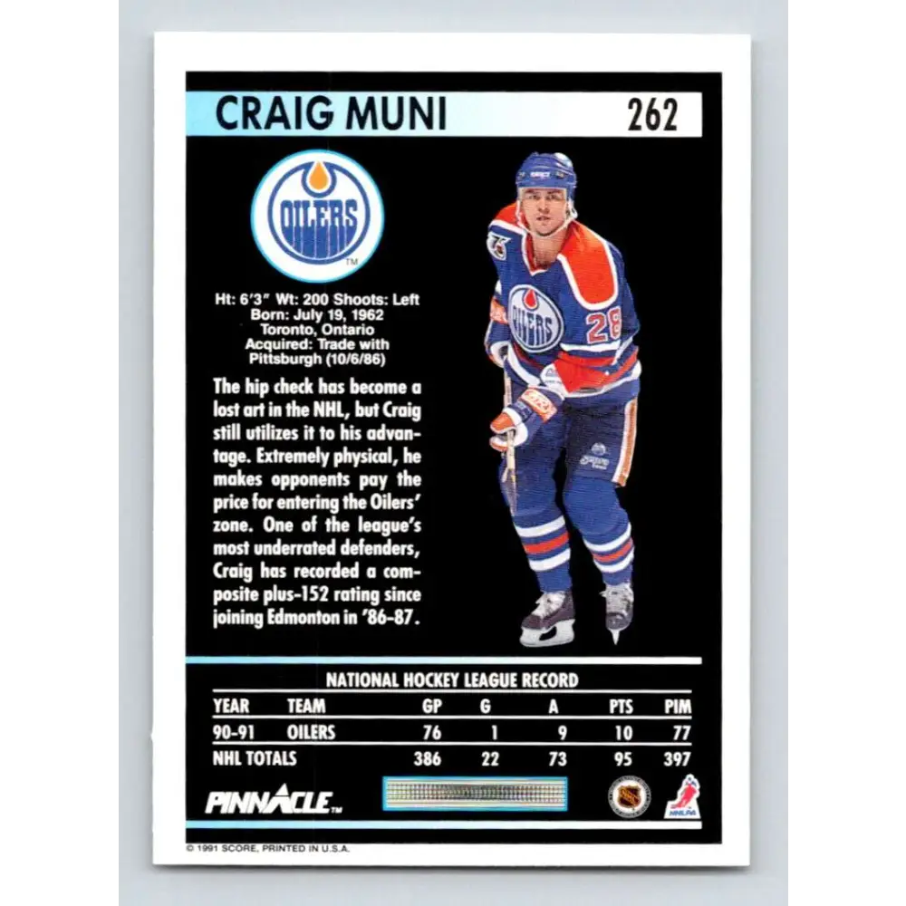 1991-92 Pinnacle #262 Craig Muni NM-MT Edmonton Oilers Hockey Card Image 2