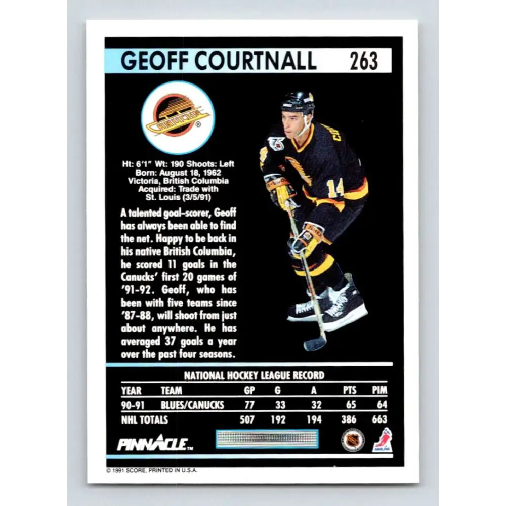 1991-92 Pinnacle #263 Geoff Courtnall NM-MT Vancouver Canucks Hockey Card Image 2