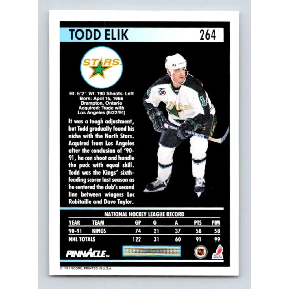 1991-92 Pinnacle #264 Todd Elik NM-MT Minnesota North Stars Hockey Card Image 2