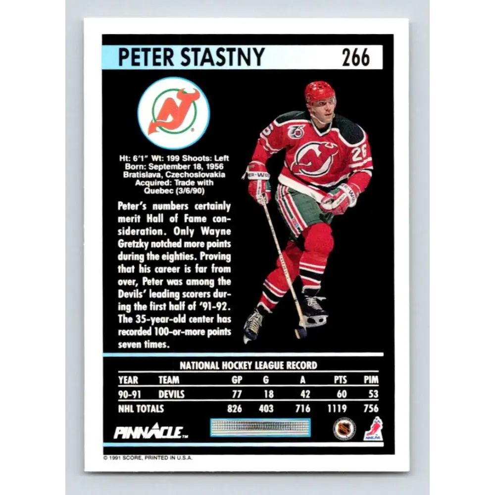 1991-92 Pinnacle #266 Peter Stastny NM-MT New Jersey Devils Hockey Card Image 2