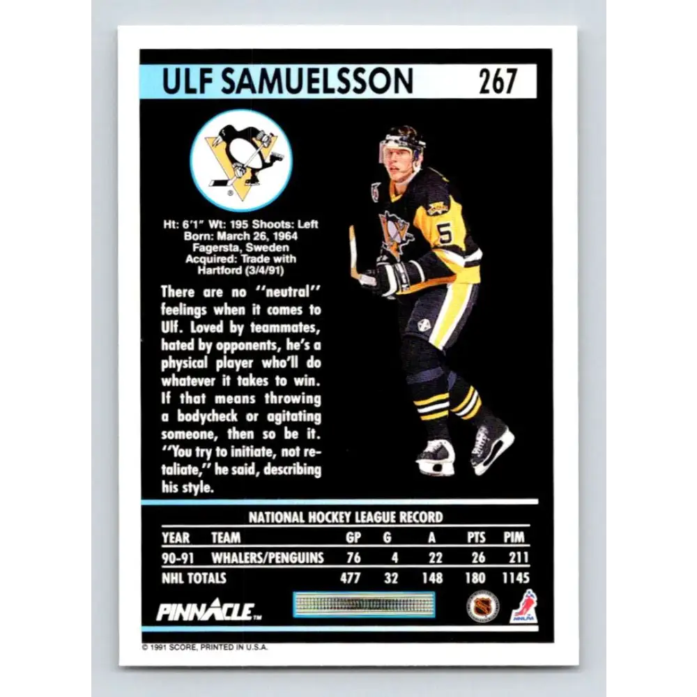1991-92 Pinnacle #267 Ulf Samuelsson NM-MT Pittsburgh Penguins Hockey Card Image 2