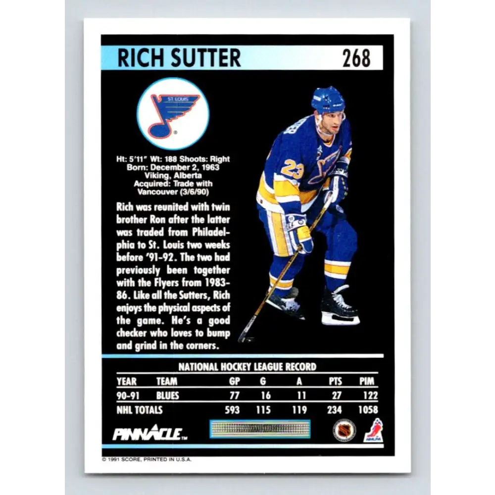 1991-92 Pinnacle #268 Rich Sutter NM-MT St. Louis Blues Hockey Card Image 2