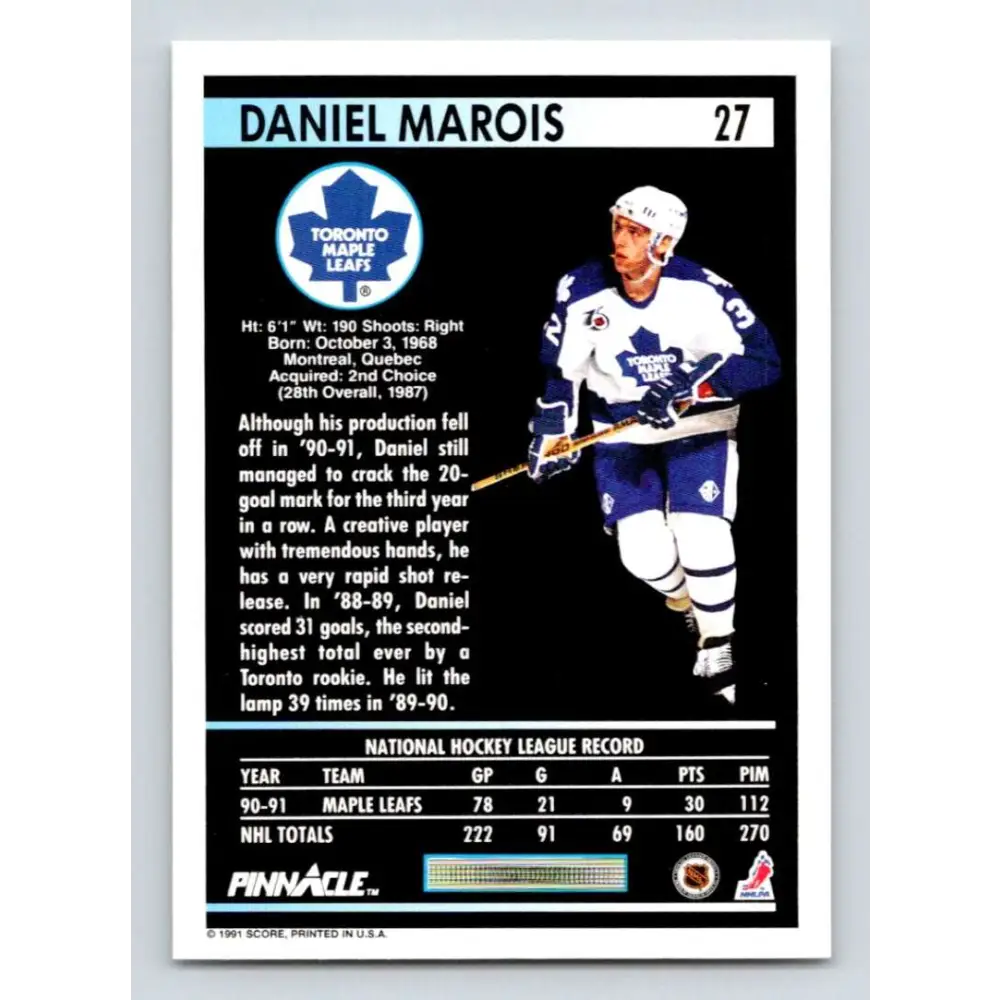 1991-92 Pinnacle #27 Daniel Marois NM-MT Toronto Maple Leafs Hockey Card Image 2