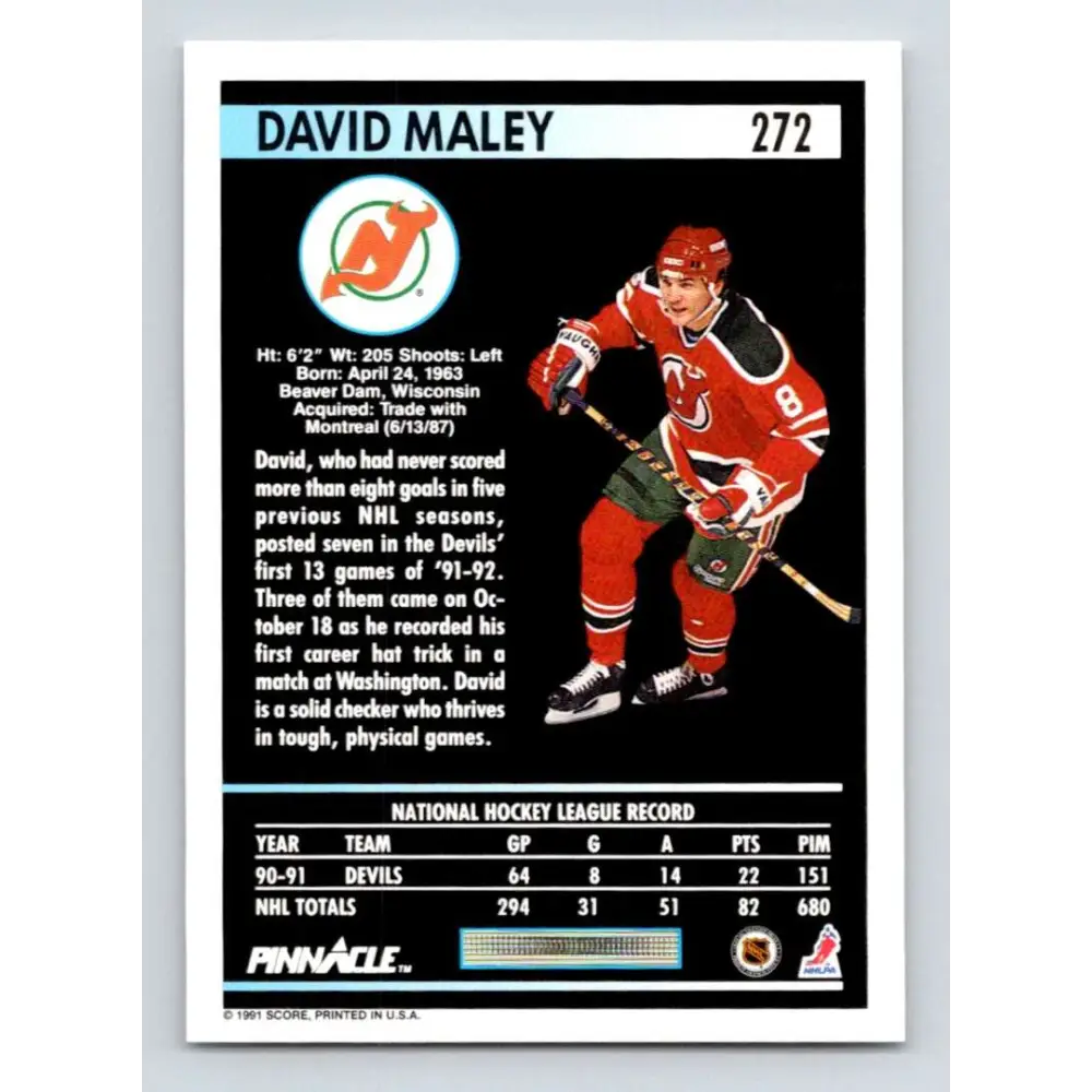 1991-92 Pinnacle #272 David Maley NM-MT New Jersey Devils Hockey Card Image 2