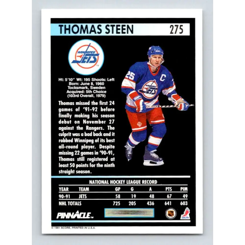1991-92 Pinnacle #275 Thomas Steen NM-MT Winnipeg Jets Hockey Card Image 2
