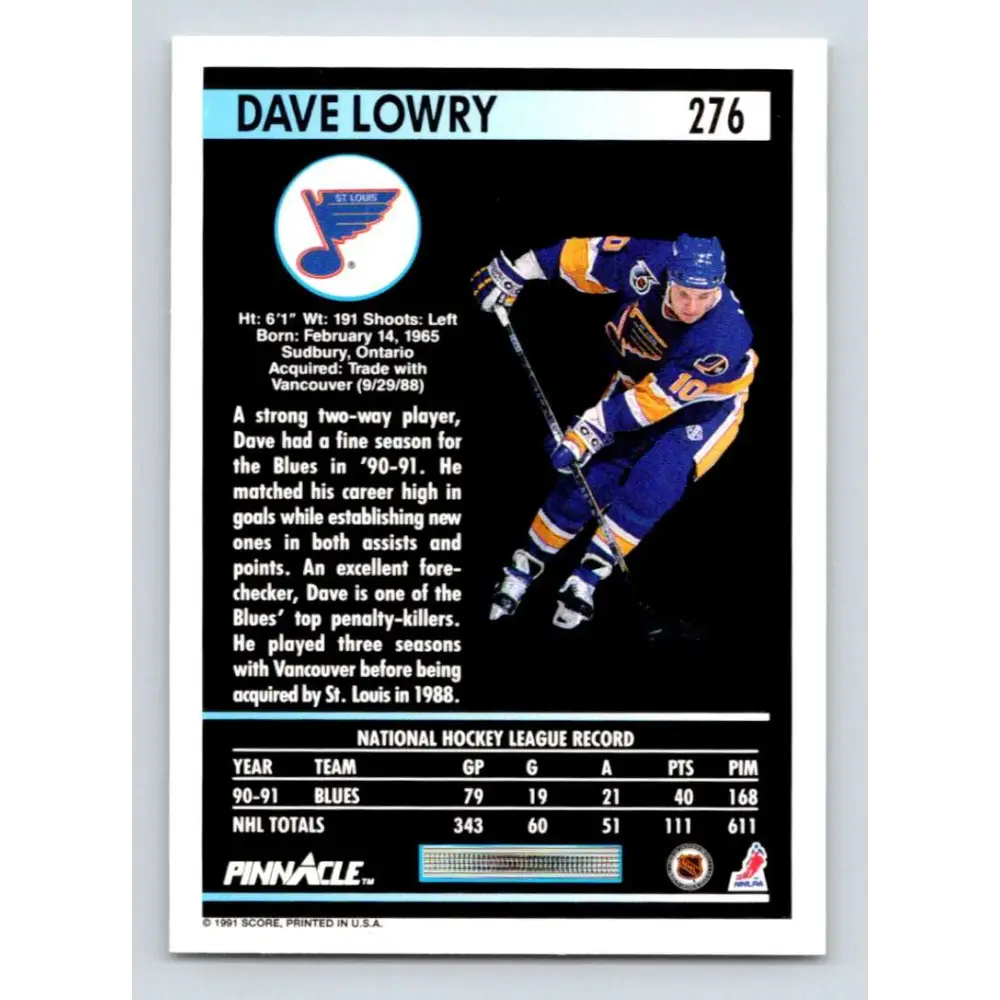 1991-92 Pinnacle #276 Dave Lowry NM-MT St. Louis Blues Hockey Card Image 2