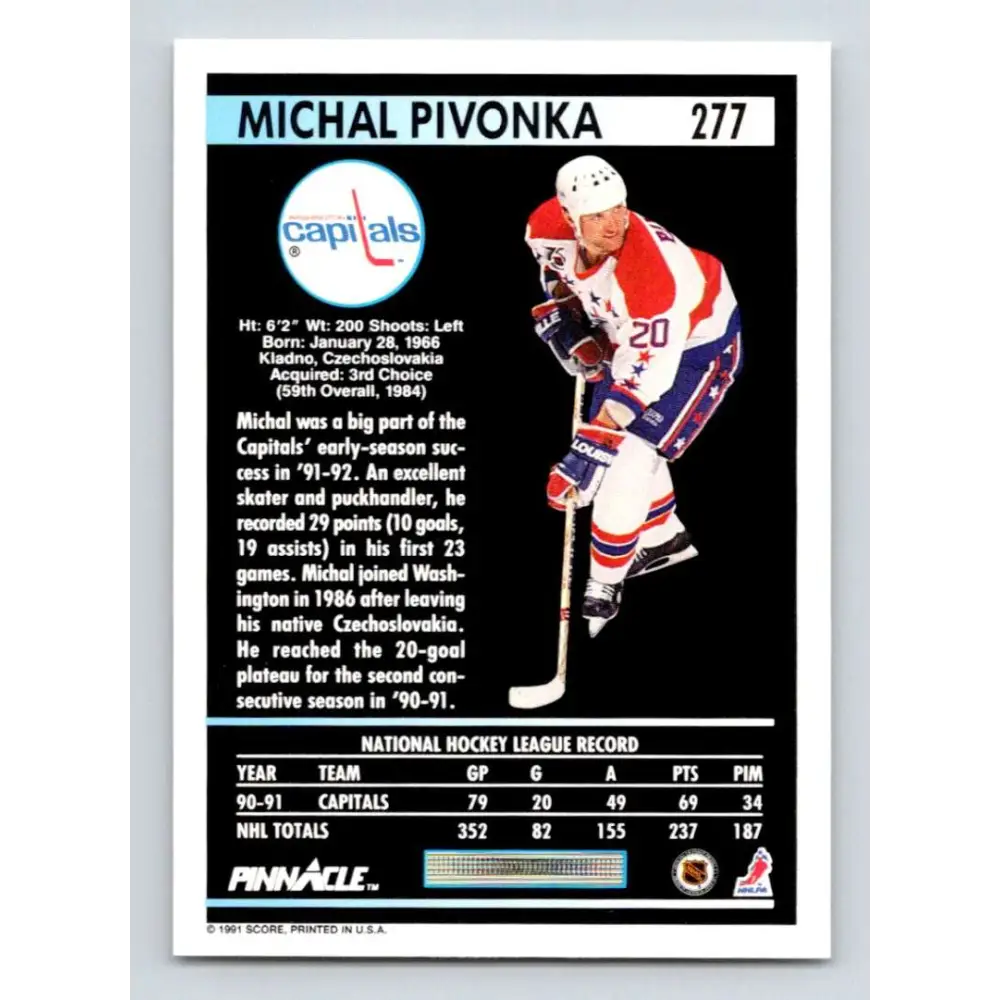 1991-92 Pinnacle #277 Michal Pivonka NM-MT Washington Capitals Hockey Card Image 2