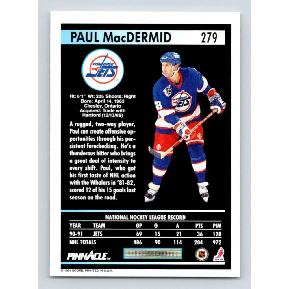 1991-92 Pinnacle #279 Paul MacDermid NM-MT Winnipeg Jets Hockey Card Image 2