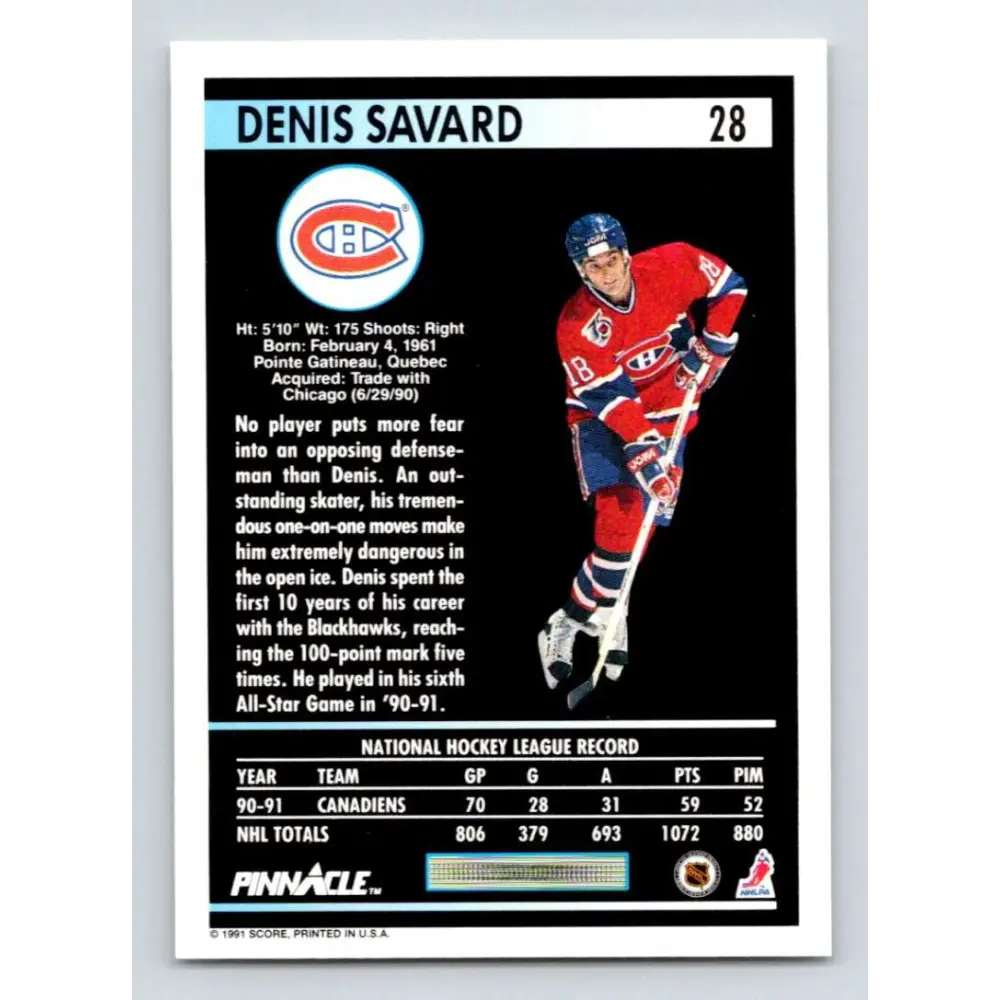 1991-92 Pinnacle #28 Denis Savard NM-MT Montreal Canadiens Hockey Card Image 2