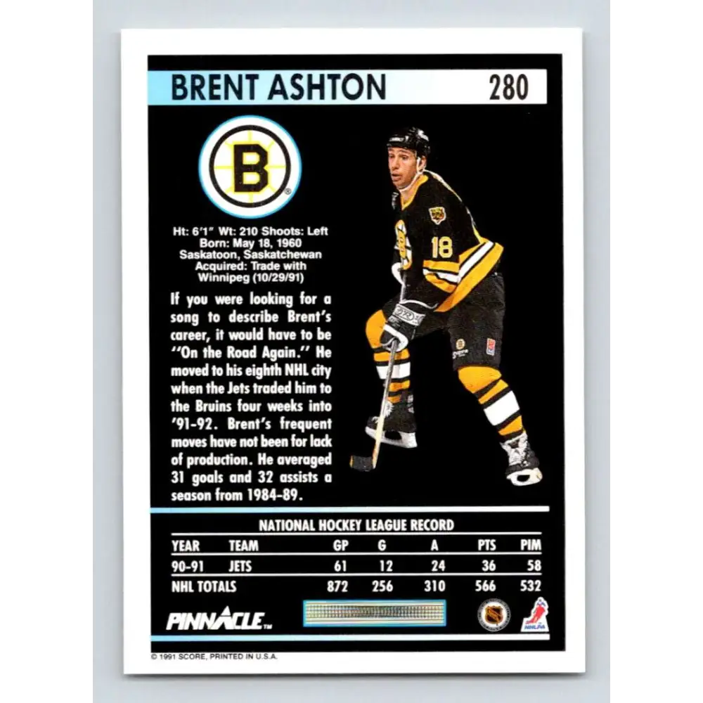 1991-92 Pinnacle #280 Brent Ashton NM-MT Boston Bruins Hockey Card Image 2
