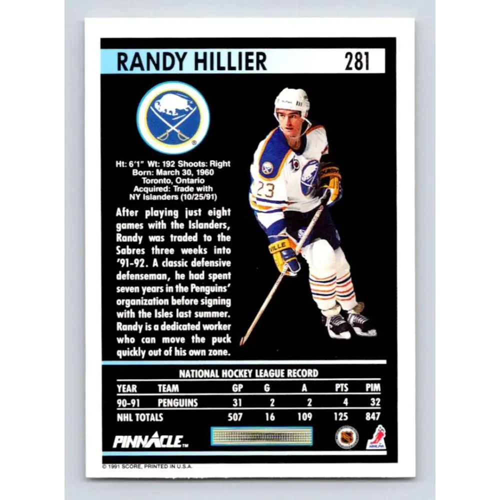 1991-92 Pinnacle #281 Randy Hillier NM-MT Buffalo Sabres Hockey Card Image 2