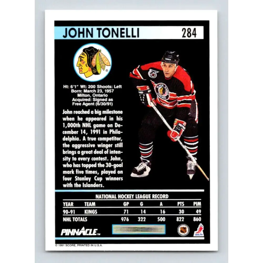 1991-92 Pinnacle #284 John Tonelli NM-MT Chicago Blackhawks Hockey Card Image 2