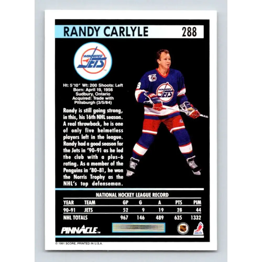 1991-92 Pinnacle #288 Randy Carlyle NM-MT Winnipeg Jets Hockey Card Image 2