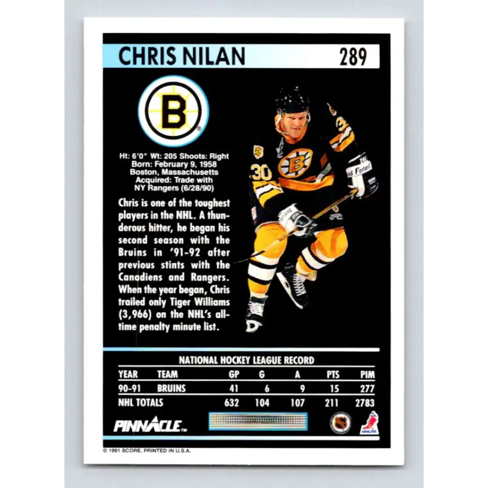 1991-92 Pinnacle #289 Chris Nilan NM-MT Boston Bruins Hockey Card Image 2
