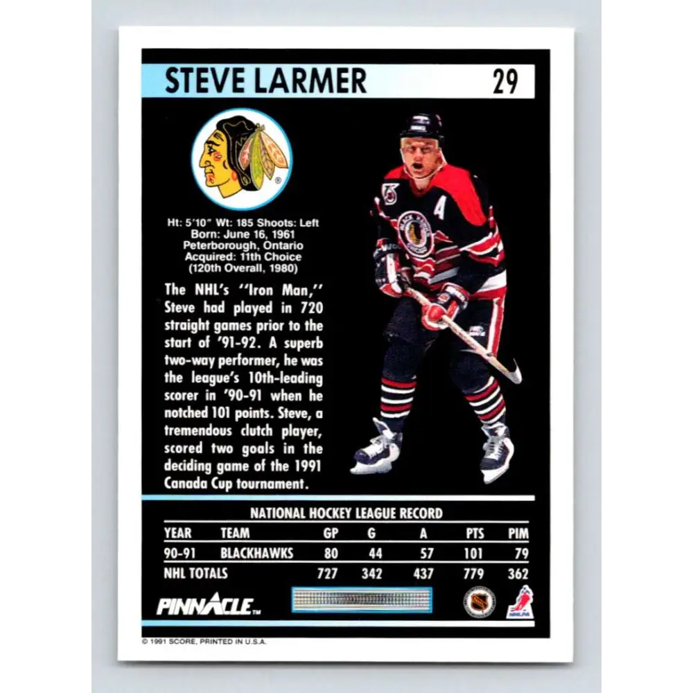 1991-92 Pinnacle #29 Steve Larmer NM-MT Chicago Blackhawks Hockey Card Image 2