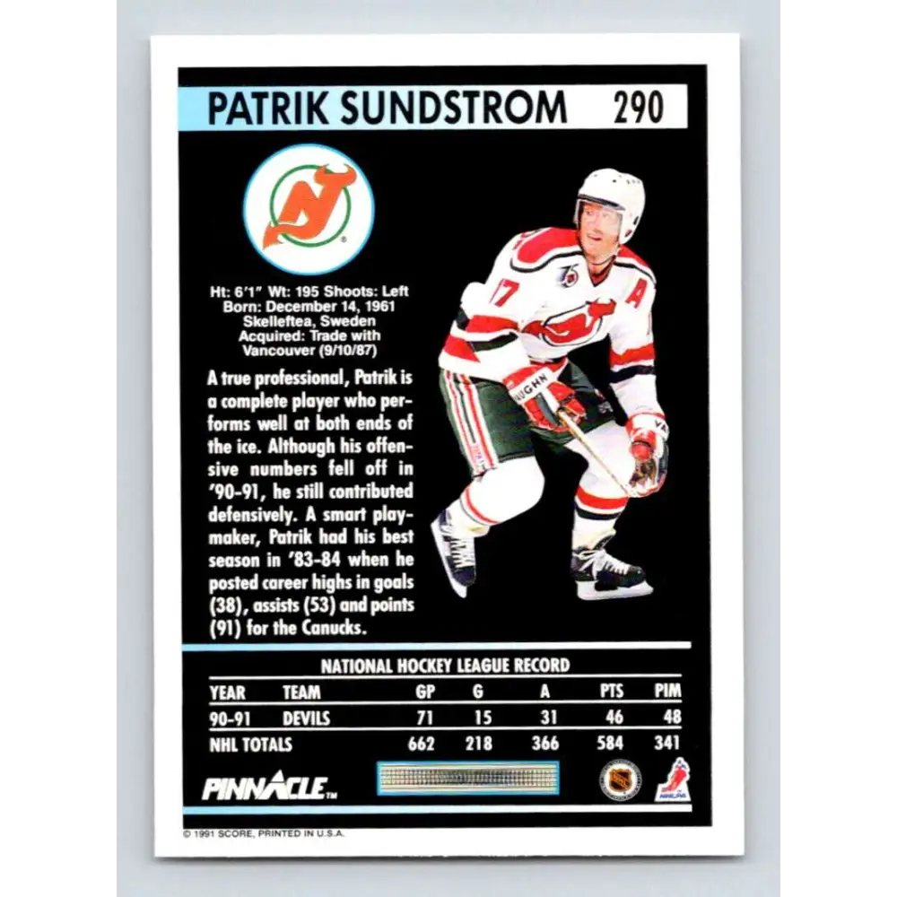 1991-92 Pinnacle #290 Patrik Sundstrom NM-MT New Jersey Devils Hockey Card Image 2