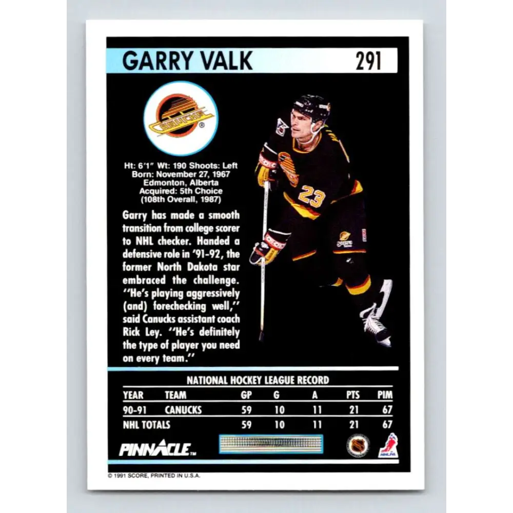 1991-92 Pinnacle #291 Garry Valk NM-MT Vancouver Canucks Hockey Card Image 2