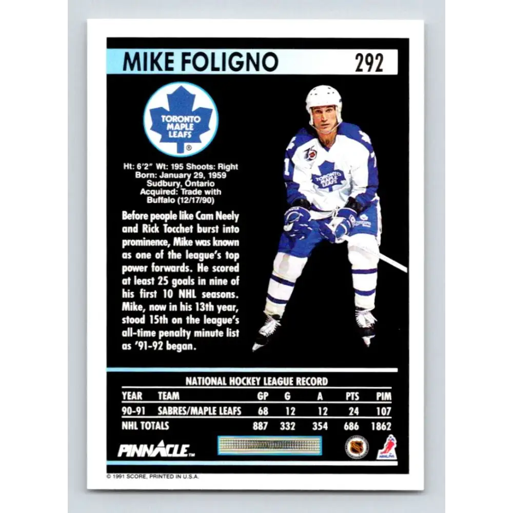 1991-92 Pinnacle #292 Mike Foligno NM-MT Toronto Maple Leafs Hockey Card Image 2