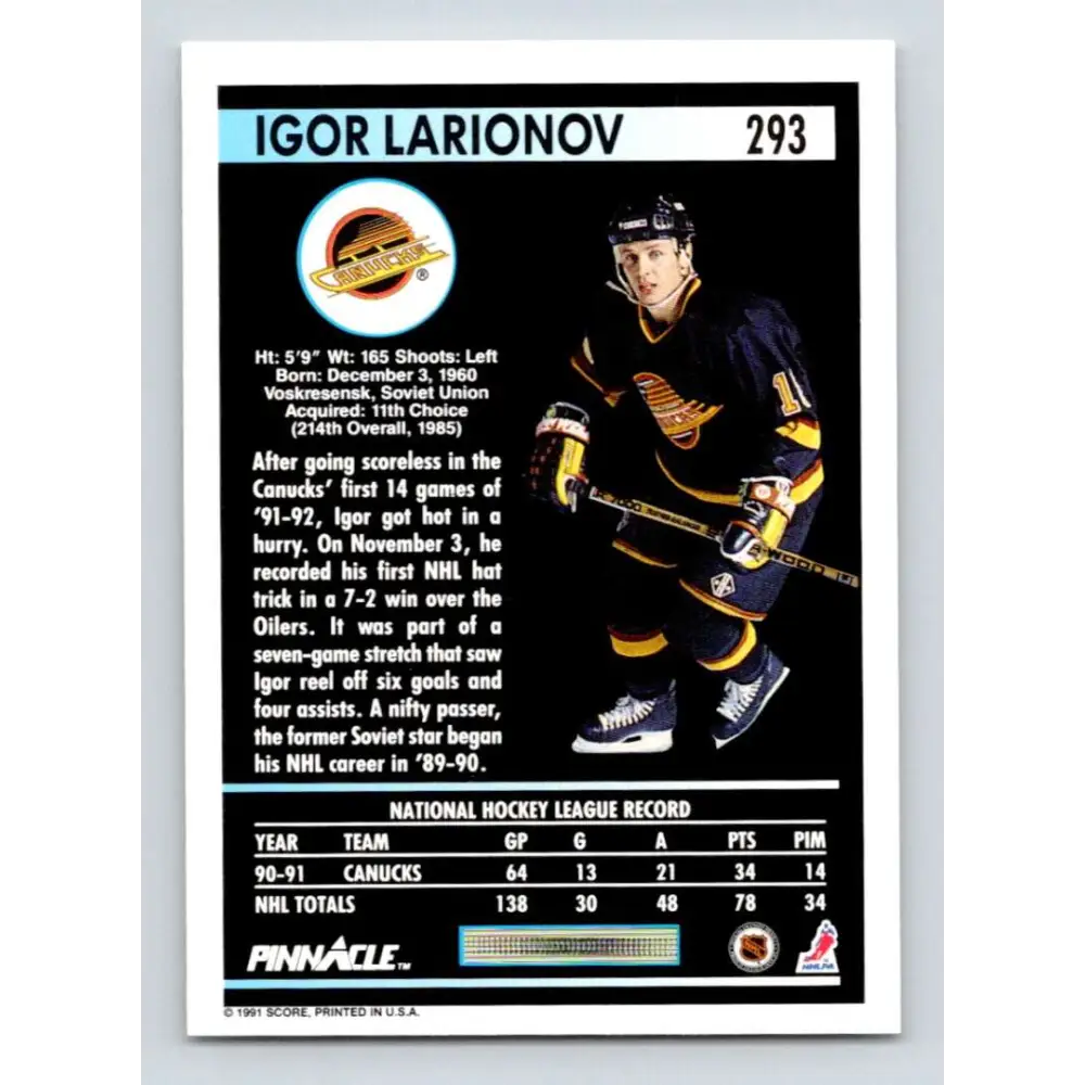 1991-92 Pinnacle #293 Igor Larionov NM-MT Vancouver Canucks Hockey Card Image 2