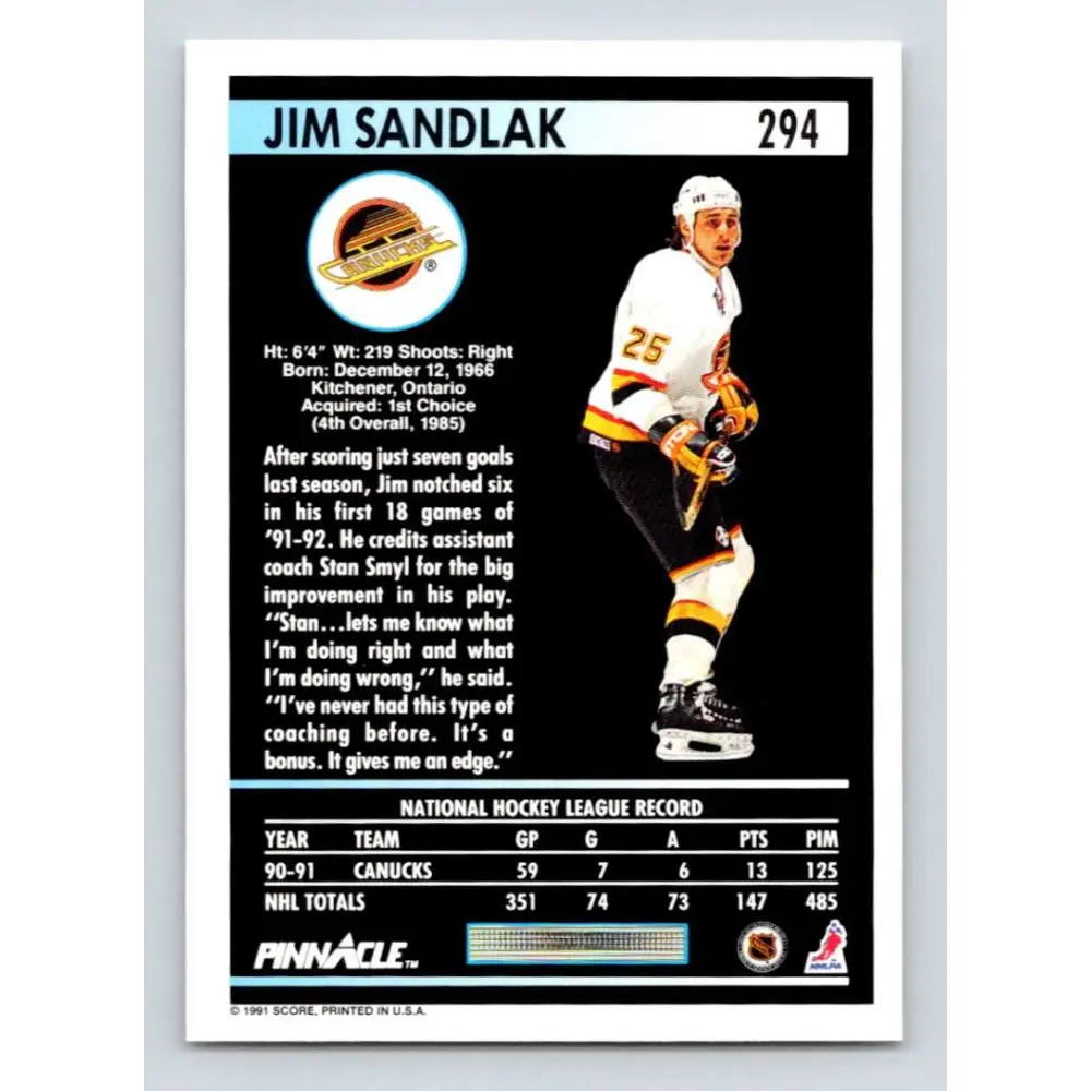 1991-92 Pinnacle #294 Jim Sandlak NM-MT Vancouver Canucks Hockey Card Image 2