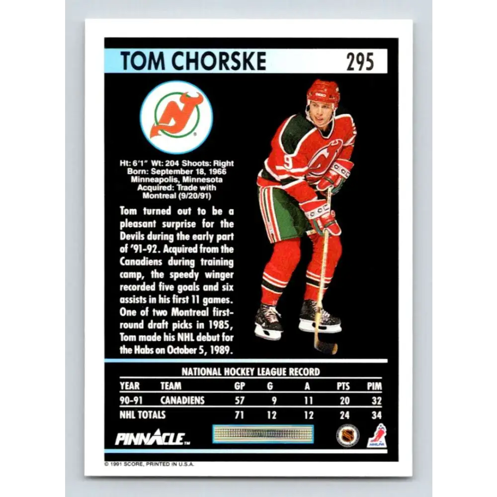 1991-92 Pinnacle #295 Tom Chorske NM-MT New Jersey Devils Hockey Card Image 2
