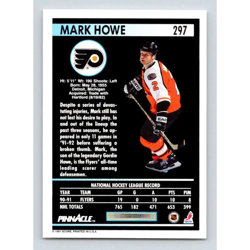 1991-92 Pinnacle #297 Mark Howe NM-MT Philadelphia Flyers Hockey Card Image 2