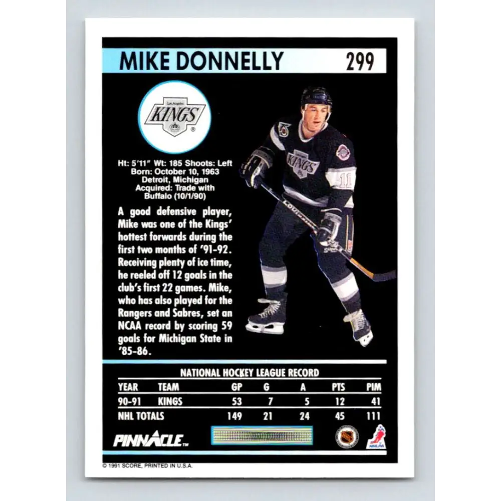 1991-92 Pinnacle #299 Mike Donnelly NM-MT RC Rookie Los Angeles Kings Hockey Card Image 2