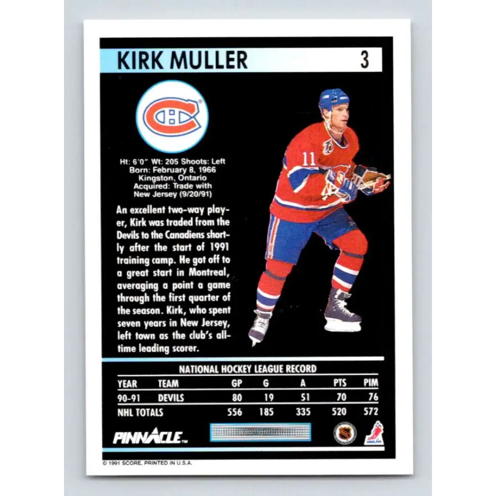 1991-92 Pinnacle #3 Kirk Muller NM-MT Montreal Canadiens Hockey Card Image 2