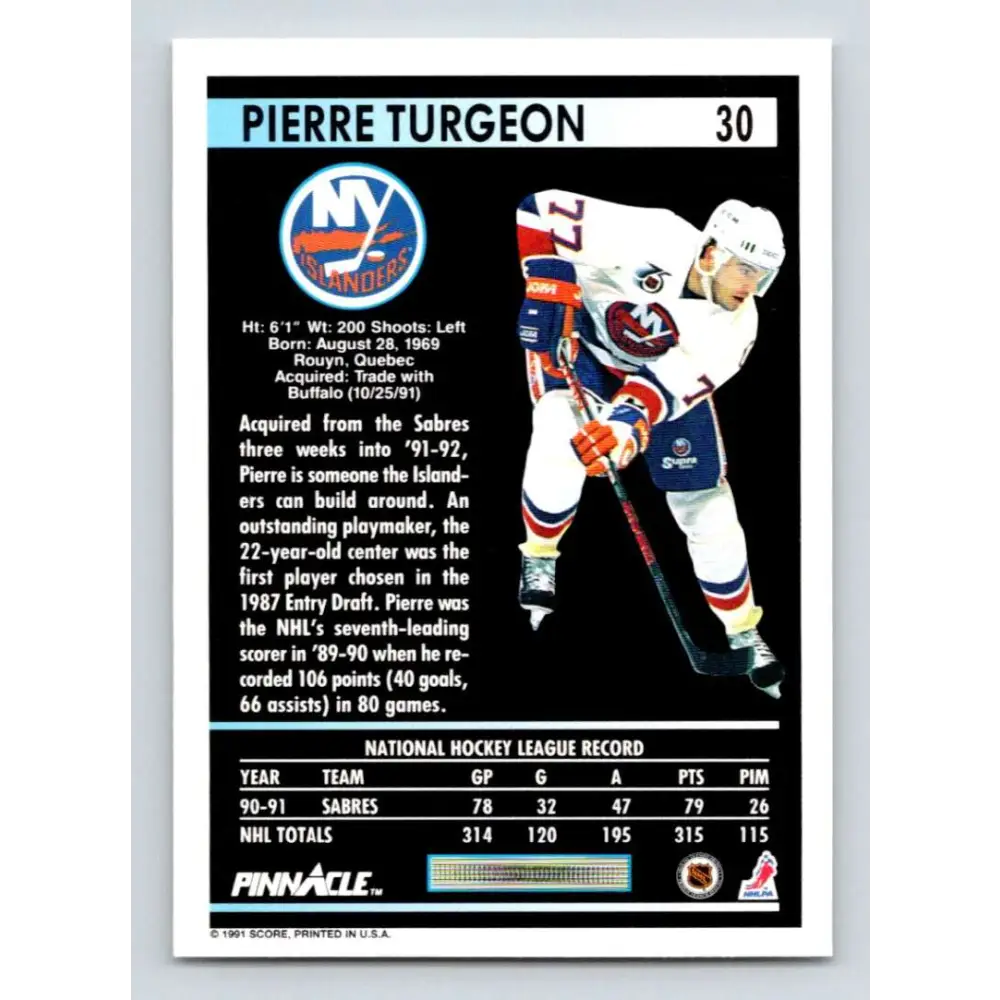 1991-92 Pinnacle #30 Pierre Turgeon NM-MT New York Islanders Hockey Card Image 2