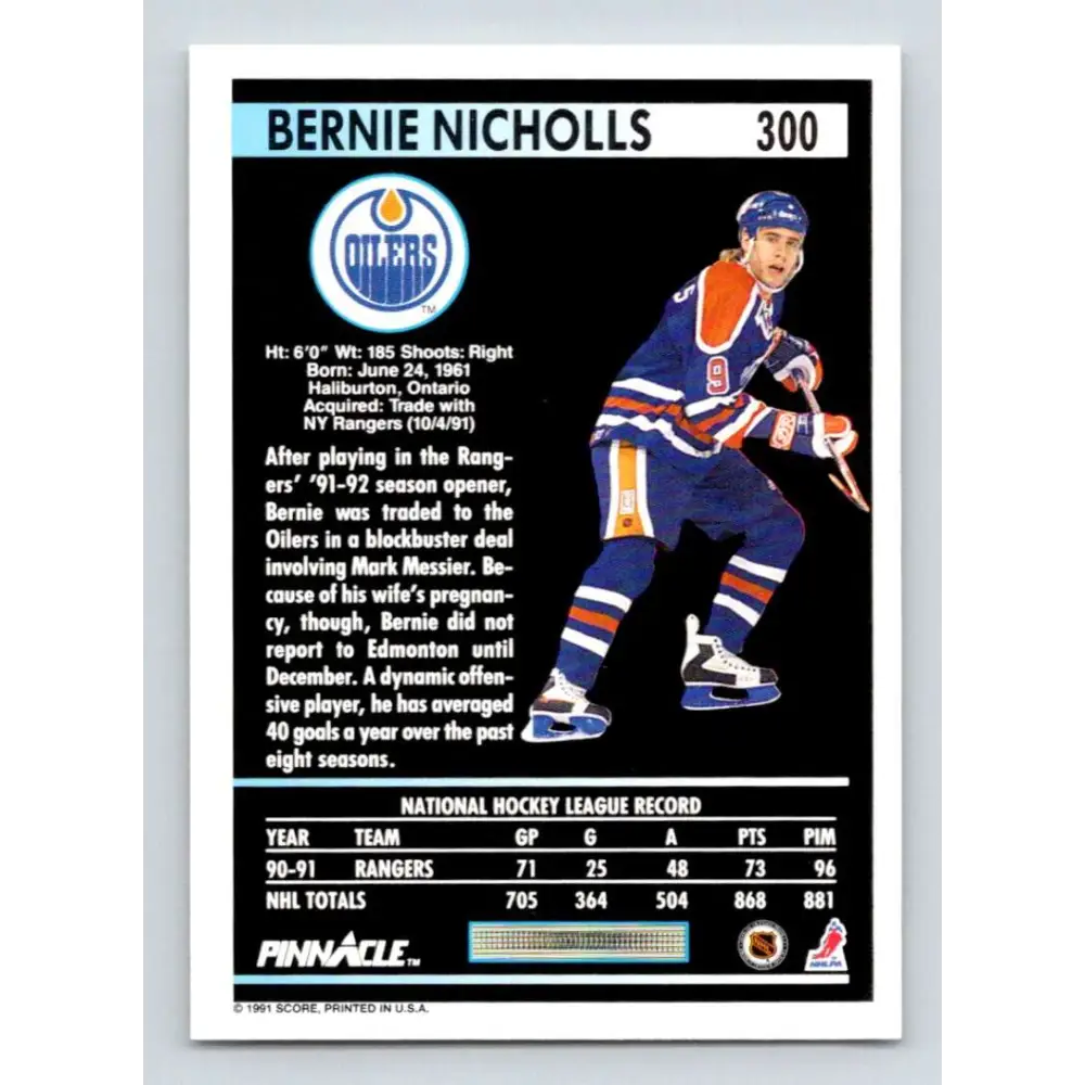 1991-92 Pinnacle #300 Bernie Nicholls NM-MT Edmonton Oilers Hockey Card Image 2