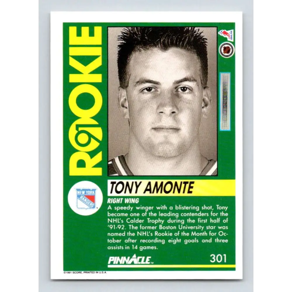 1991-92 Pinnacle #301 Tony Amonte NM-MT RC Rookie New York Rangers Hockey Card Image 2
