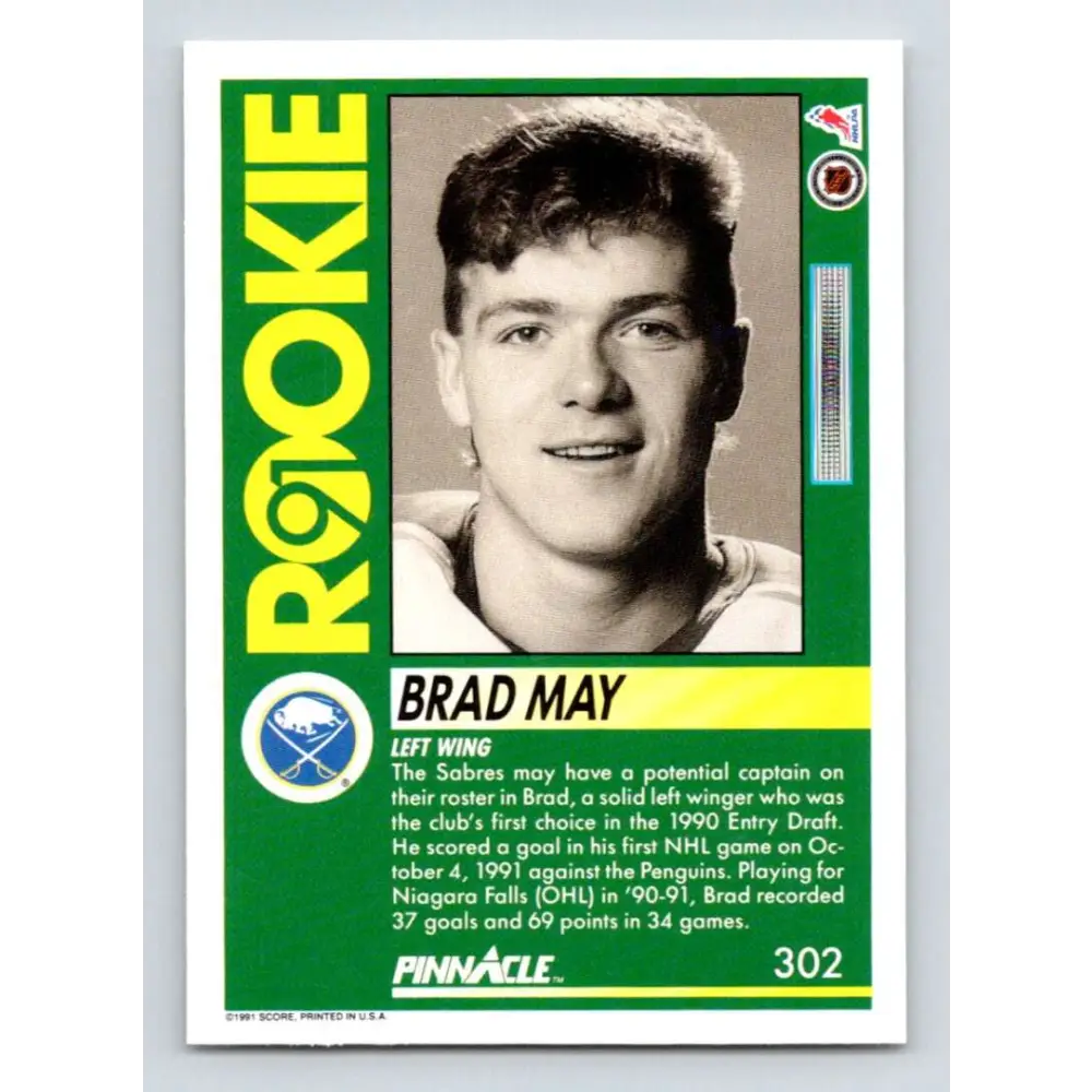 1991-92 Pinnacle #302 Brad May NM-MT Buffalo Sabres Hockey Card Image 2