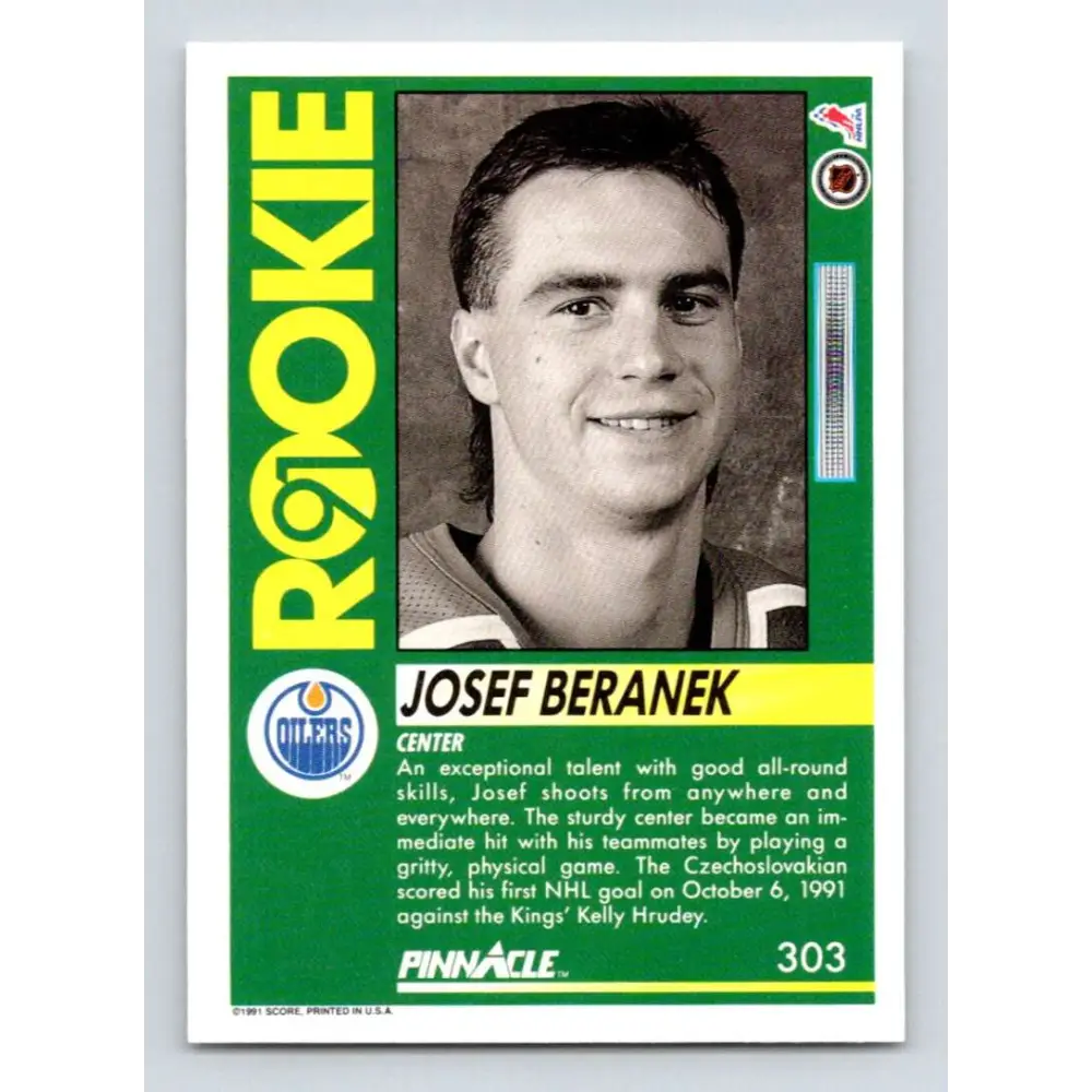 1991-92 Pinnacle #303 Josef Beranek NM-MT RC Rookie Edmonton Oilers Hockey Card Image 2