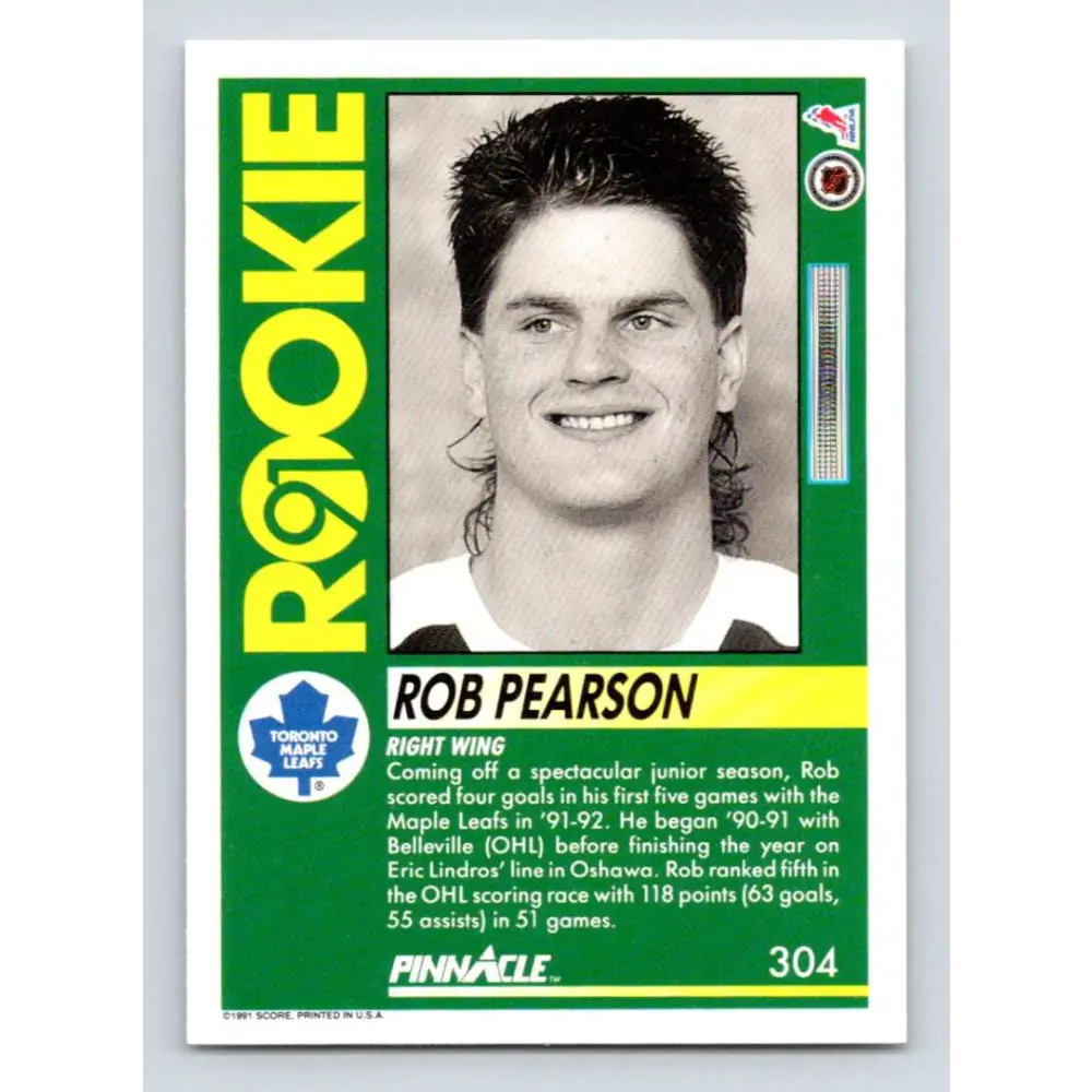 1991-92 Pinnacle #304 Rob Pearson NM-MT RC Rookie Toronto Maple Leafs Hockey Card Image 2