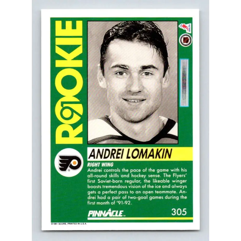 1991-92 Pinnacle #305 Andrei Lomakin NM-MT Philadelphia Flyers Hockey Card Image 2