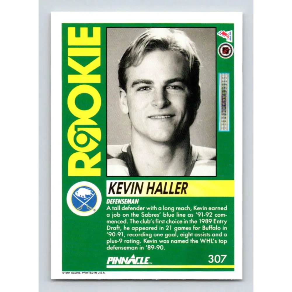 1991-92 Pinnacle #307 Kevin Haller NM-MT RC Rookie Buffalo Sabres Hockey Card Image 2