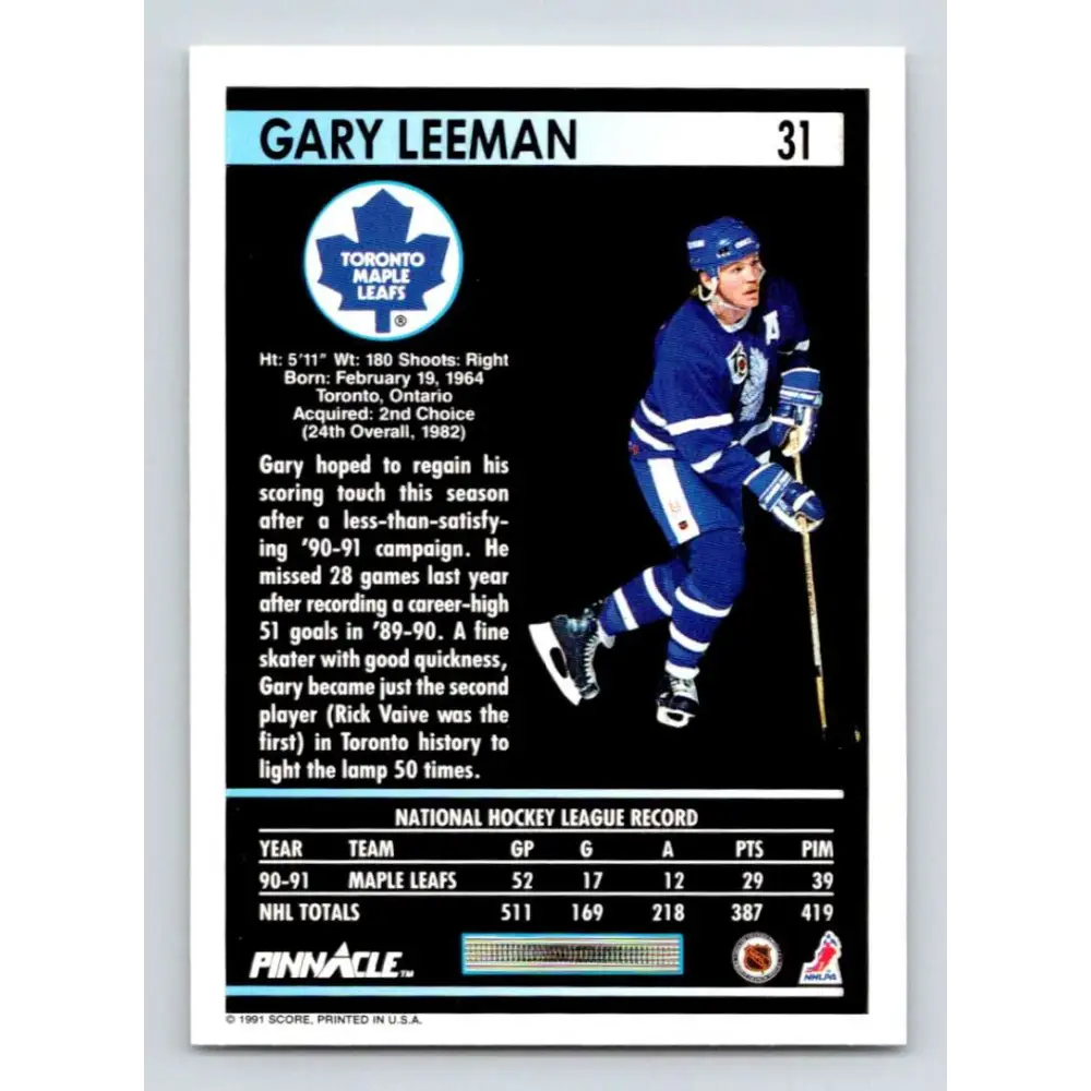 1991-92 Pinnacle #31 Gary Leeman NM-MT Toronto Maple Leafs Hockey Card Image 2