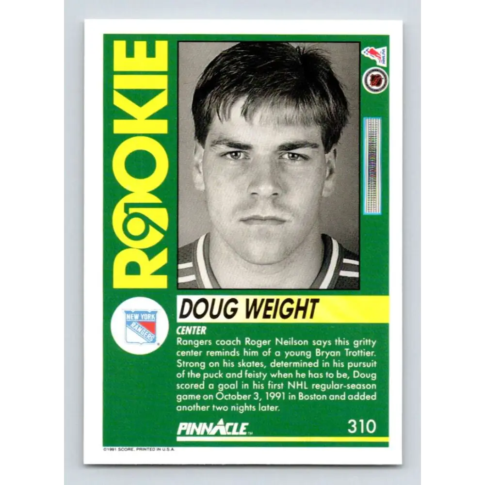 1991-92 Pinnacle #310 Doug Weight NM-MT RC Rookie New York Rangers Hockey Card Image 2